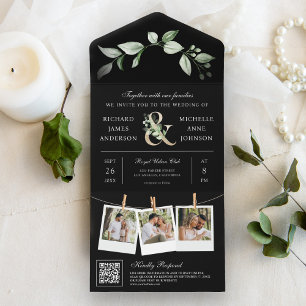 Sage Greenery Gold Ampersand QR Code Black Wedding All In One Invitation