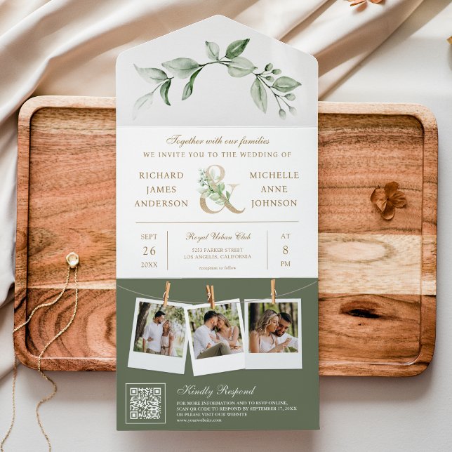 Sage Greenery Gold Ampersand QR Code Wedding All In One Invitation (Creator Uploaded)
