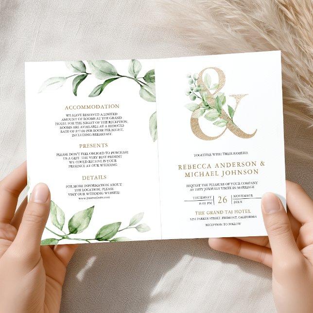 Sage Greenery Gold Ampersand QR Code Wedding Invitation (Creator Uploaded)