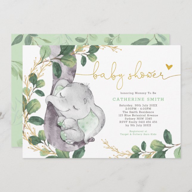 Sage Greenery Gold Elephant Neutral Baby Shower Invitation (Front/Back)