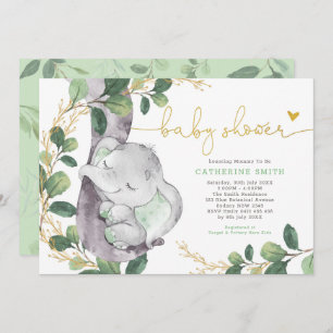 Sage Greenery Gold Elephant Neutral Baby Shower Invitation