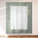 Sage Greenery Gold Wedding Photo Booth Backdrop Tapestry<br><div class="desc">Featuring delicate watercolor leaves on a sage green background,  this chic botanical wedding photo booth backdrop can be personalised with your names and special date. Designed by Thisisnotme©</div>