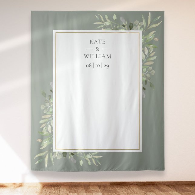 Sage Greenery Gold Wedding Photo Booth Backdrop Tapestry (Creator Uploaded)