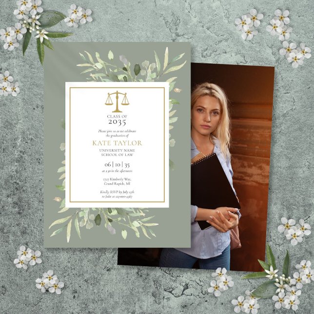 Sage Greenery Law School Graduation Photo Invitati Invitation (Sage Greenery Law School Graduation Photo Invitati Invitation)