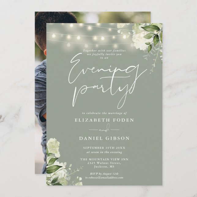 Sage Greenery Lights Photo Wedding Evening Party Invitation (Front/Back)