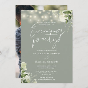 Sage Greenery Lights Photo Wedding Evening Party Invitation