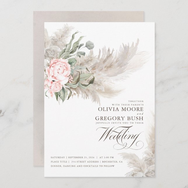 Sage Greenery Pink Flowers Pampas Grass Wedding Invitation (Front/Back)