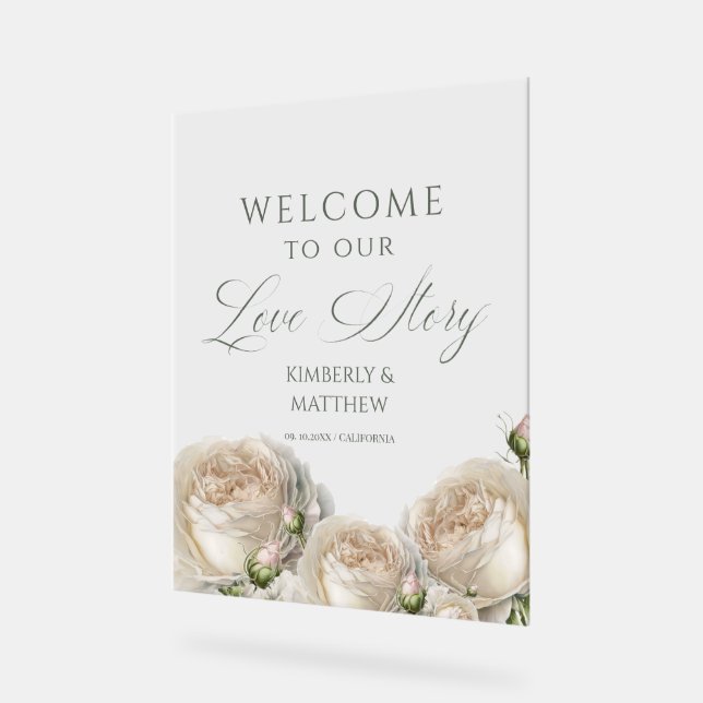 Sage Greenery Roses Welcome to Love Story Acrylic Sign (Angle)