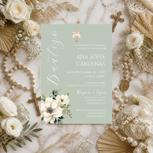 Sage Greenery Spanish Baptism Girl invitation