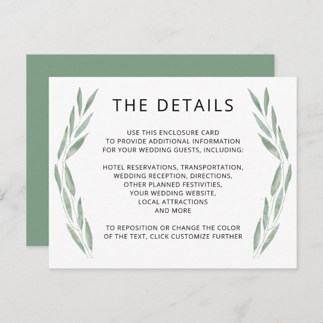 Sage Greenery Wedding Details Card, Botanical Enclosure Card (Front/Back)