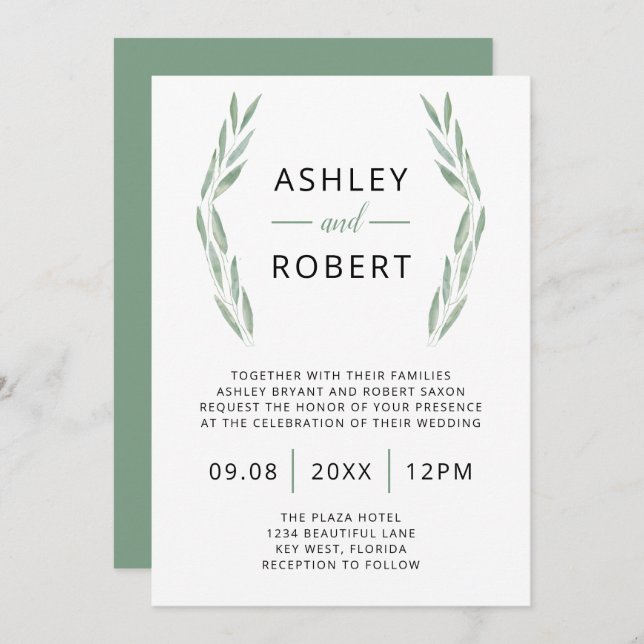 Sage Greenery Wedding Invitation, Watercolor Invitation (Front/Back)