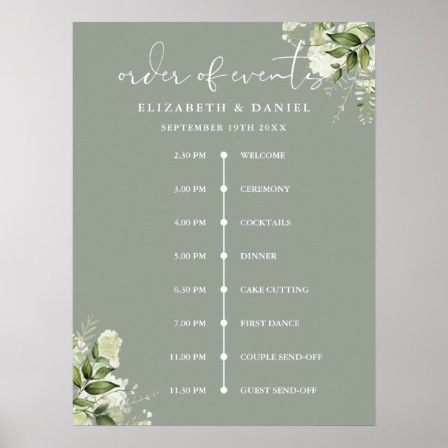 Sage Greenery Wedding Order Of Events Sign (Front)