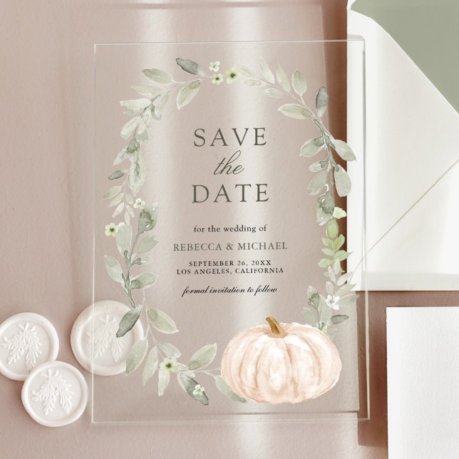 Sage Greenery White Pumpkin Wedding Save the Date Acrylic Invitations (Creator Uploaded)