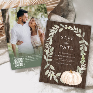 Sage Greenery White Pumpkin Wood Wedding Photo Save The Date