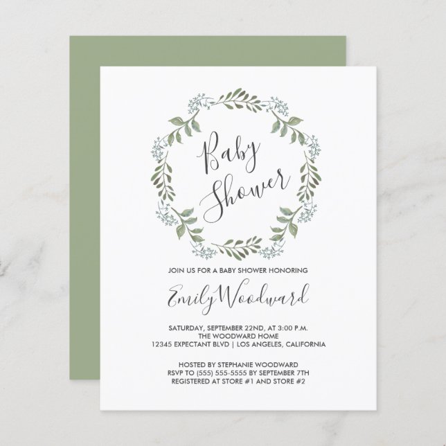 Sage Greenery Wreath Baby Shower Invitation (Front/Back)