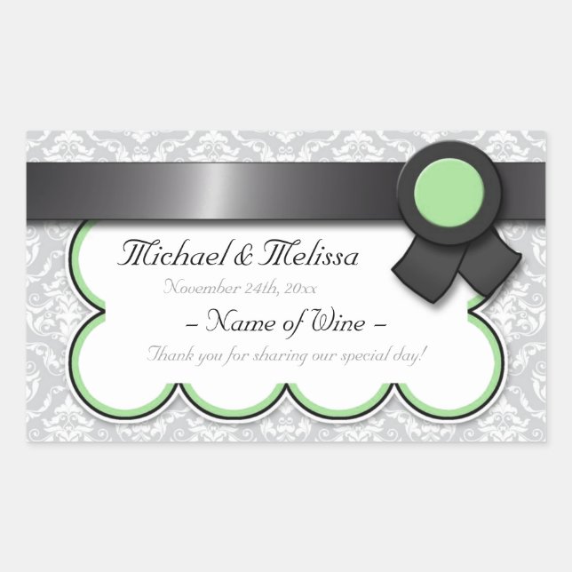 Sage & Grey Damask Wedding Wine Bottle Labels (Front)