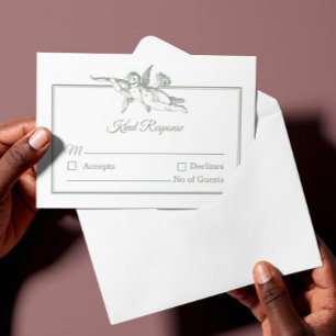 Sage Grey Toile de Jouy Cherub Wedding RSVP Card