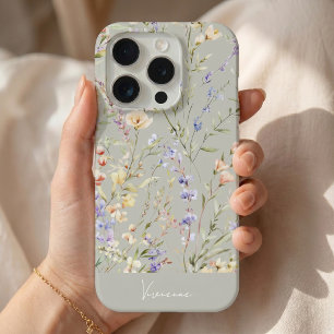Sage Grey Watercolor Floral  iPhone 15 Pro Case