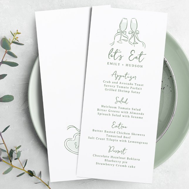 Sage Hand Drawn Cheers Glasses Whimsical Wedding Menu (Sage Hand Drawn Cheers Glasses Whimsical Wedding Menu)