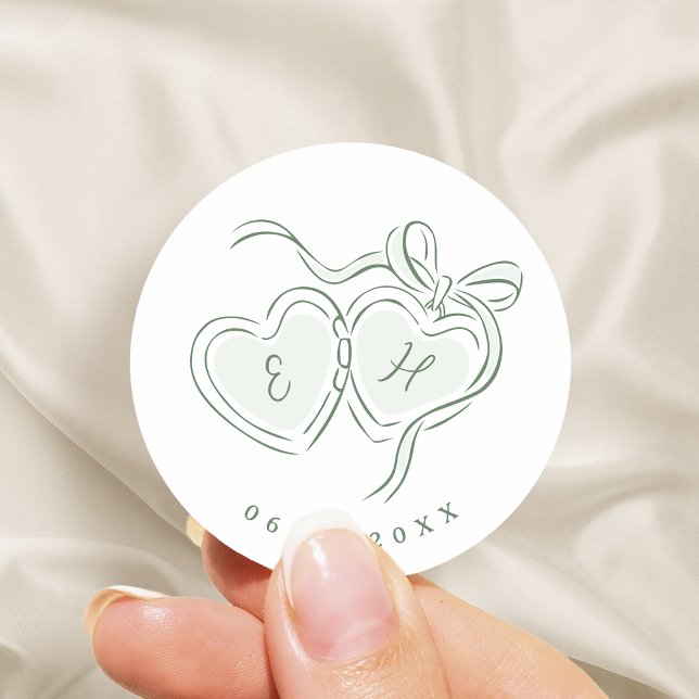 Sage Hand Drawn Hearts Monogram Whimsical Wedding Classic Round Sticker (Sage Hand Drawn Hearts Monogram Whimsical Wedding Classic Round Sticker)