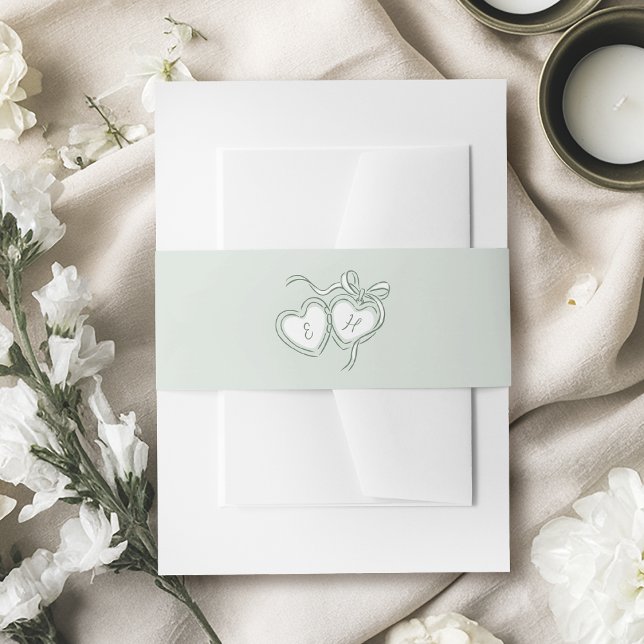 Sage Hand Drawn Hearts Monogram Whimsical Wedding Invitation Belly Band (Sage Hand Drawn Hearts Monogram Whimsical Wedding Invitation Belly Band)