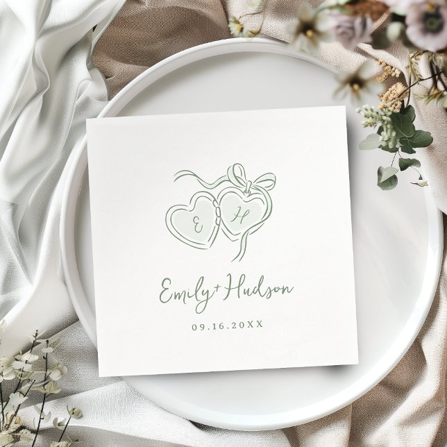 Sage Hand Drawn Hearts Monogram Whimsical Wedding Napkin (Sage Hand Drawn Hearts Monogram Whimsical Wedding Napkins)