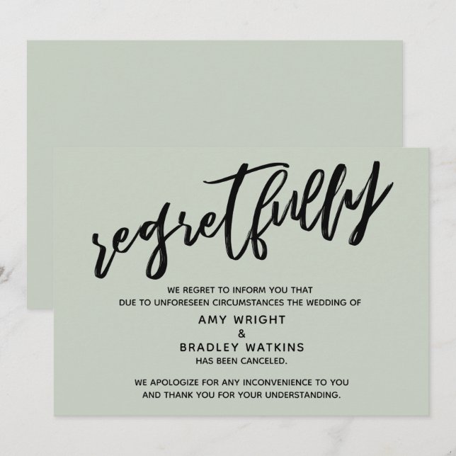 Sage, Handwriting Cancelled Wedding Regrets Card (Front/Back)