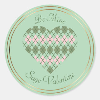 Sage Hearts Sage and Pink Argyle Heart Classic Round Sticker