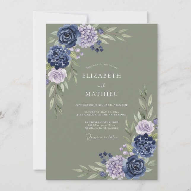 Sage Indigo Botanical Wedding Invitation (Front)