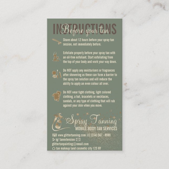 Sage Instructions Spray Tan Before AfterCare Guide Business Card (Front)