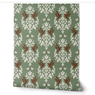 Sage, Ivory and Rust Victorian Bird Damask Wallpaper