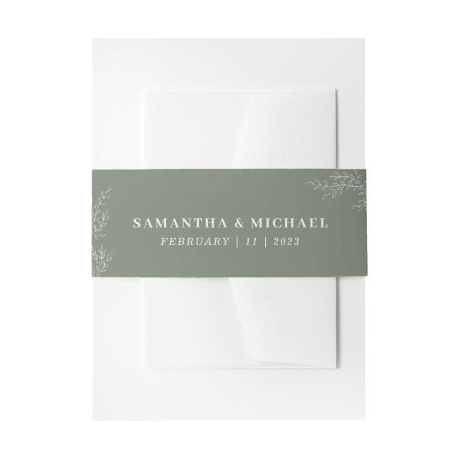 Sage Ivory Ivy Flower Monogram Elegant Invitation Belly Band (Front Example)