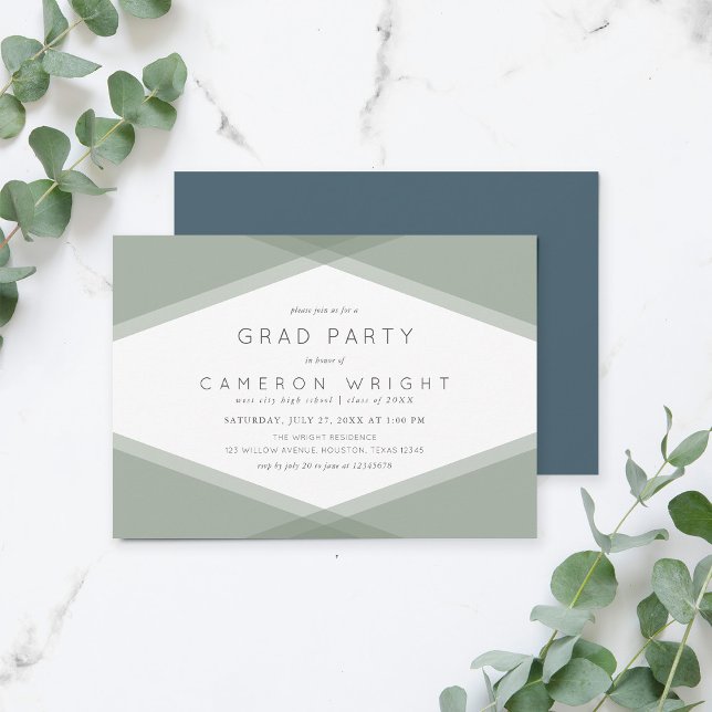 Sage Layered Geometric & Blue Slate Grad Party Invitation (Creator Uploaded)