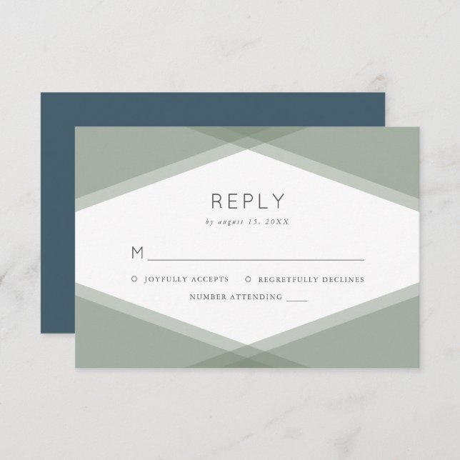 Sage Layered Geometric & Blue Slate Reply RSVP Card (Front/Back)
