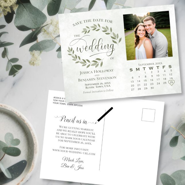 Sage Leaves Photo & Calendar Wedding Save the Date Announcement Postcard (Front/Back)