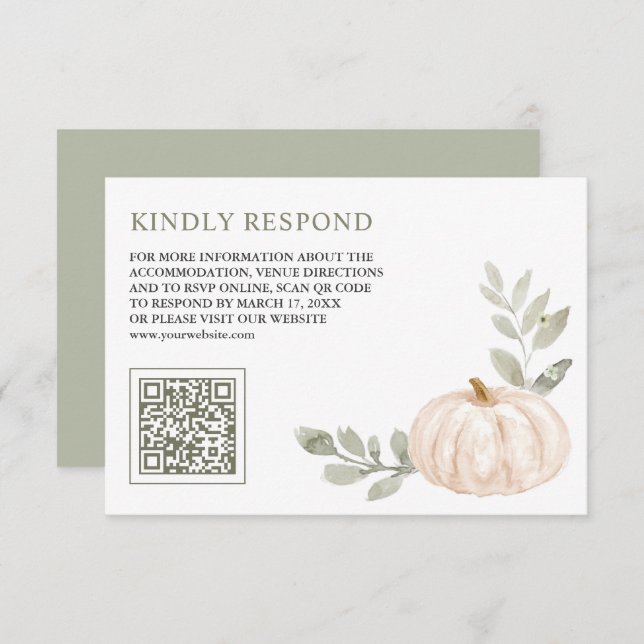 Sage Leaves White Pumpkin QR Code RSVP Wedding Enclosure Card (Front/Back)