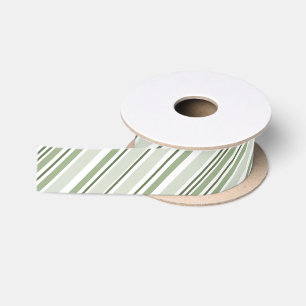 Sage (Light, Medium, Dark), White Diagonal Stripes Satin Ribbon