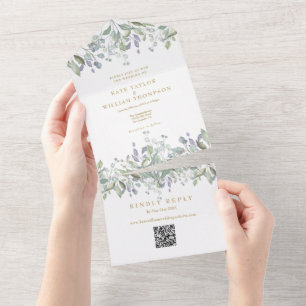 Sage Lilac Floral Gold Monogram QR Code Wedding All In One Invitation