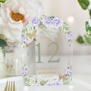 Sage Lilac Floral Gold Quinceañera 16 Table Number