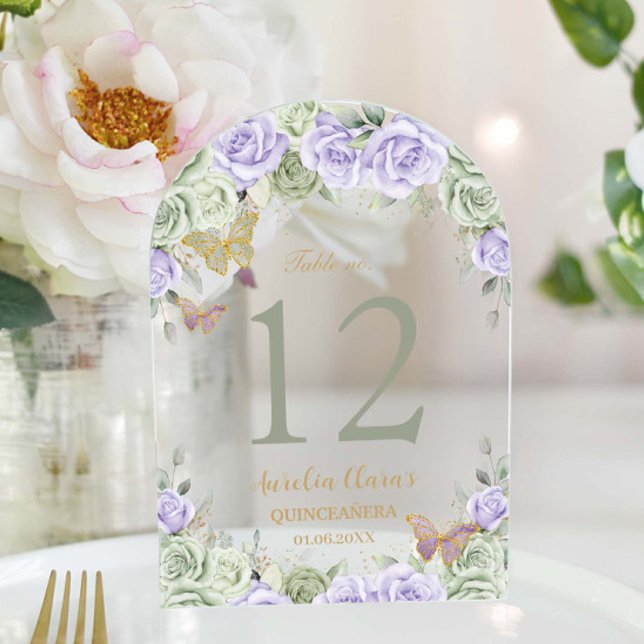 Sage Lilac Floral Gold Quinceañera 16 Table Number (Creator Uploaded)