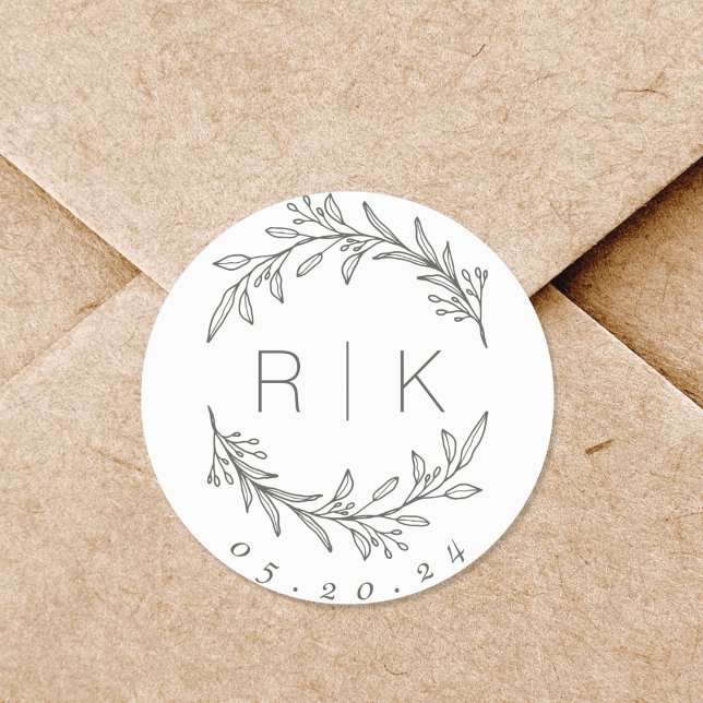 Sage Line Art Botanical Wreath Wedding Monogram Classic Round Sticker (Creator Uploaded)