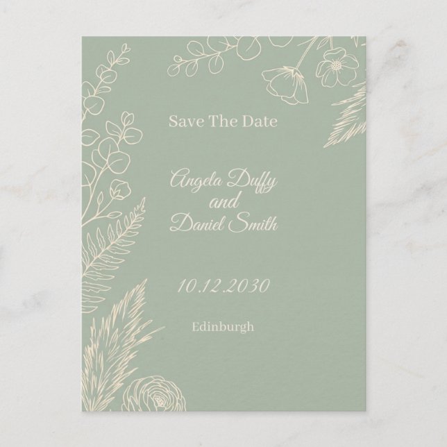 Sage Line Art Floral Save the Date Postcard (Front)