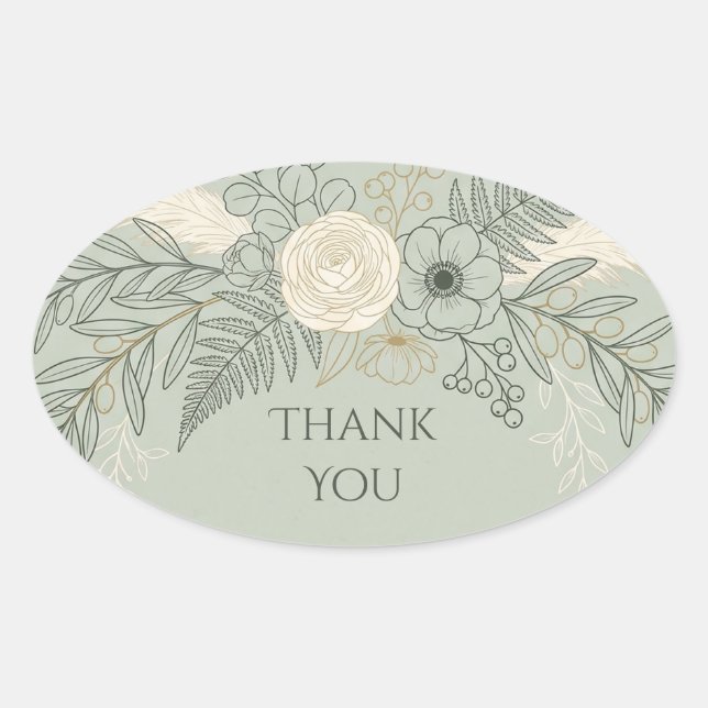 Sage Line Art Floral Thank You Sticker (Front)