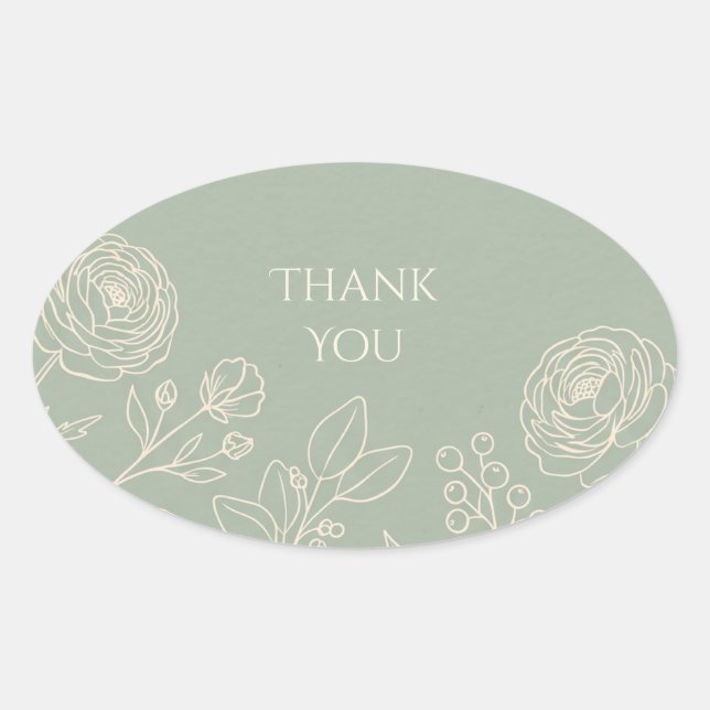 Sage Line Art Floral Thank You Sticker (Front)