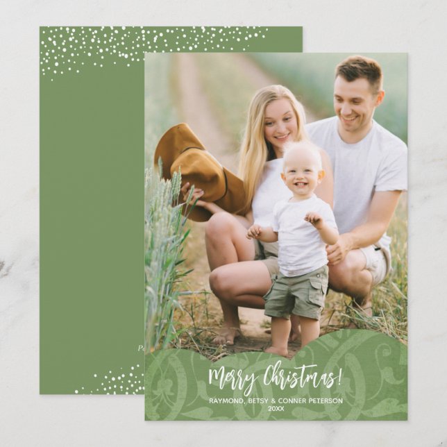 Sage Linen Filigree Photo Christmas Holiday Card (Front/Back)