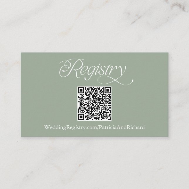 Sage Minimalist Black QR Code Wedding Registry Enclosure Card (Front)