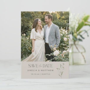 Sage Minimalist Botanical Taupe Photo Wedding Save The Date