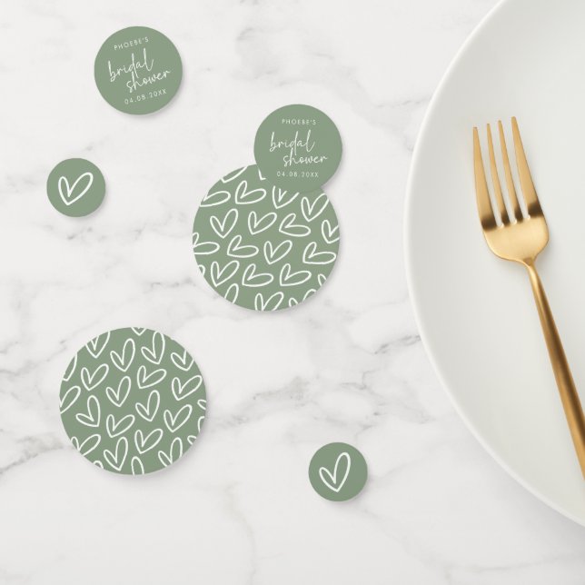 Sage Minimalist Script and Hearts Bridal Shower Confetti (Group)