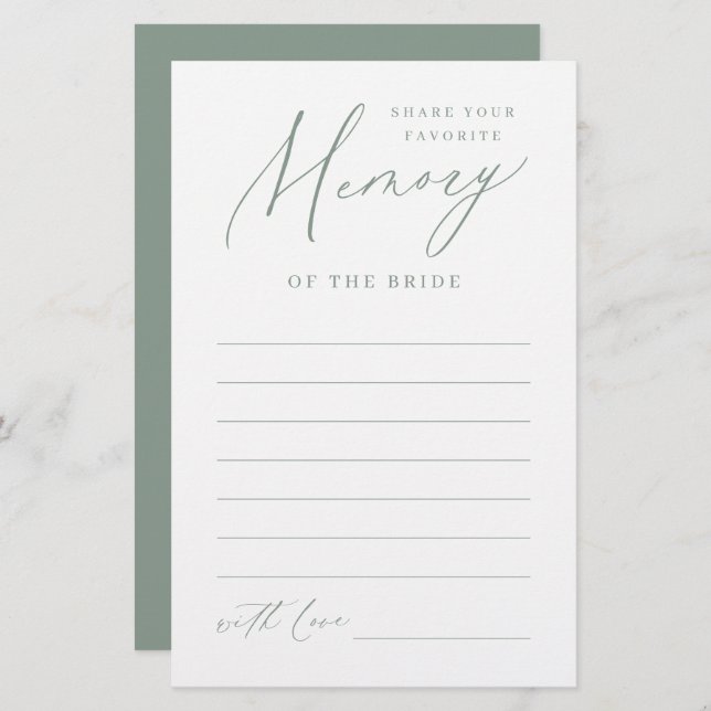 Sage minimalist share a memory bridal shower game (Front/Back)
