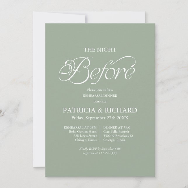 Sage Minimalist The Night Before Rehearsal Dinner Invitation (Front)